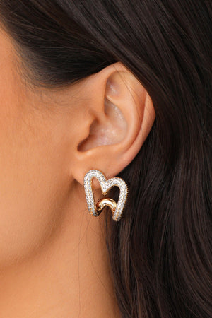 Brinco Argola Coração Vazado Cravejado Cristal 2.2 cm Banhado a Ouro 18K