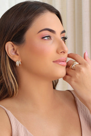 Brinco Argola Filetes Lisos e Cravejados Cristal 1.9 cm Banhado a Ouro 18K