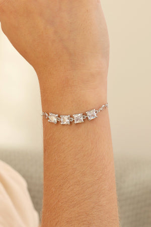 Pulseira Fecho Gravata Quadrados Cristal Ródio Branco