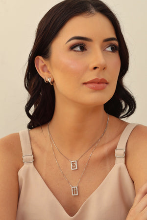 Gargantilha Dupla Cruz Coração Cravejado Cristal Ródio Branco