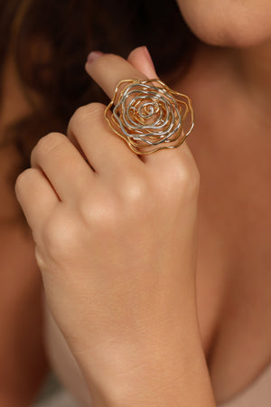 Anel Ajustável Flor Orgânica Mix de Banhos Tamanho G Banhado a Ouro 18K