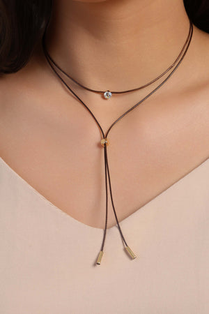 Gargantilha Dupla Gravata Fio Coreano Ponto de Luz Cristal Banhado a Ouro 18K - 35 cm