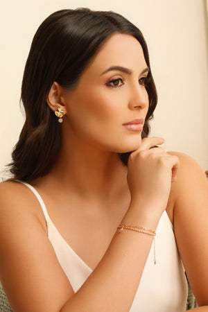 Pulseira Dupla Bolinhas Elos Ponto de Luz Cristal Banhado a Ouro 18K