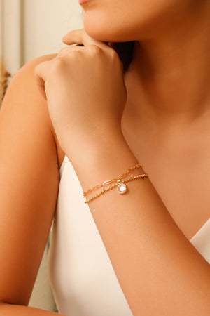 Pulseira Dupla Bolinhas Elos Ponto de Luz Cristal Banhado a Ouro 18K