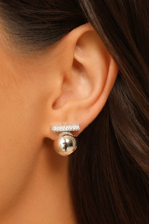 Brinco Bola Lisa Palito Cravejado Cristal Ródio Branco