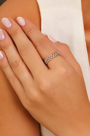 Anel Ajustável Elos Bolinhas Tamanho M Ródio Branco