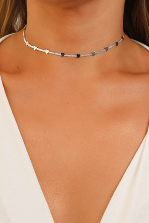 Choker Fita Corações Lisos Ródio Branco