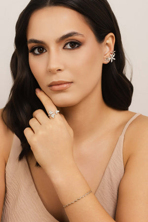 Ear Cuff Flores Cravejado Cristal 2.9 cm Ródio Branco