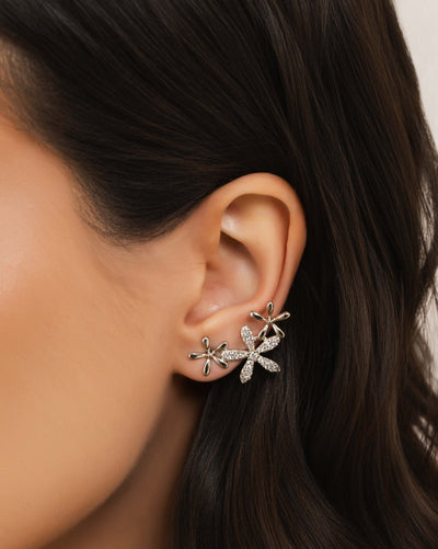 Ear Cuff Flores Cravejado Cristal 2,9 cm Ródio Branco