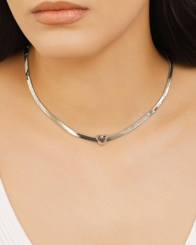 Choker Malha Fita Coração 4 mm Ródio Branco - 35 cm