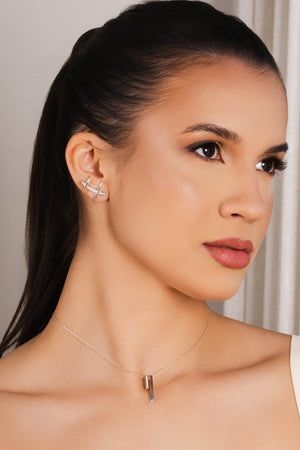 Ear Cuff Palitos Cravejado Cristal 2.3 cm Ródio Branco