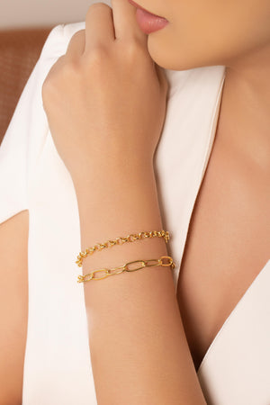 Pulseira Dupla Elos Ovais e Portugueses Banhado a Ouro 18K