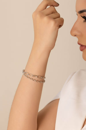 Pulseira Dupla Elos Ovais e Portugueses Ródio Branco