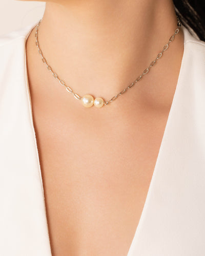 Choker Elos Pérolas Ródio Branco - 35 cm