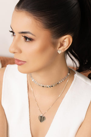 Choker Plaquinhas Corações Ródio Branco