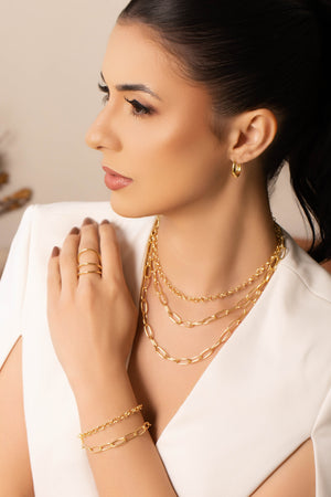 Gargantilha Tripla Elos Ovais e Portugueses Banhado a Ouro 18K