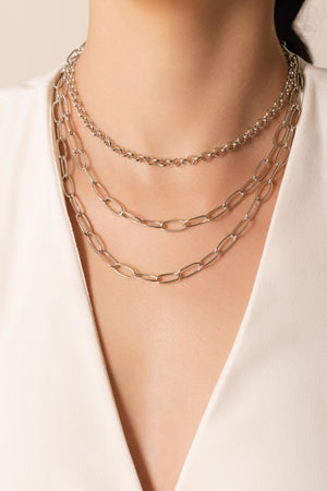 Gargantilha Tripla Elos Ovais e Portugueses Ródio Branco