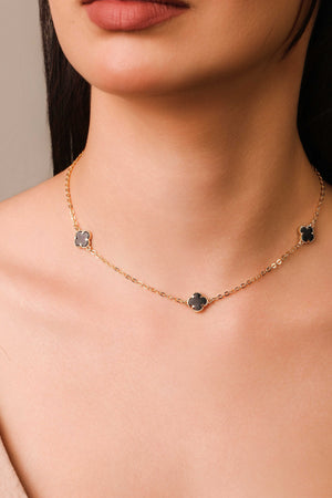 Choker Elos Trevos Tom Onix 1.0 cm Banhado a Ouro 18K