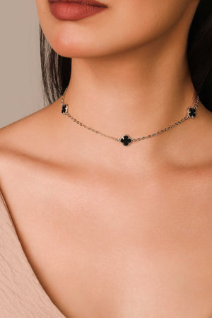 Choker Elos Trevos Tom Onix 1.0 cm Ródio Branco