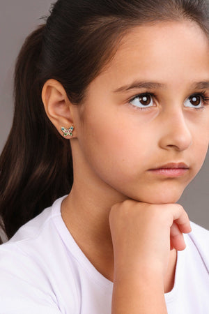 Brinco Infantil Borboleta Colorida 9 mm Banhado a Ouro 18K