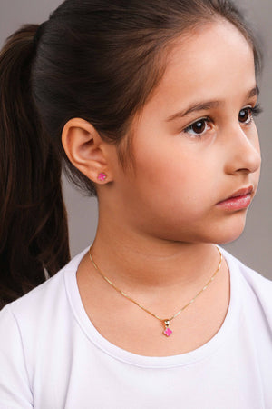 Brinco Infantil Trevo Rosa 7 mm Banhado a Ouro 18K