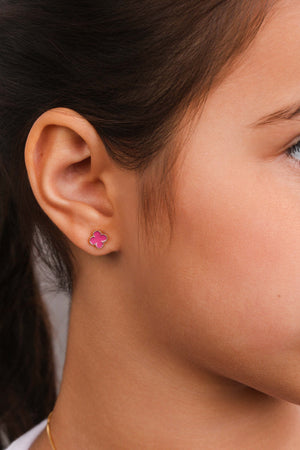 Brinco Infantil Trevo Rosa 7 mm Banhado a Ouro 18K