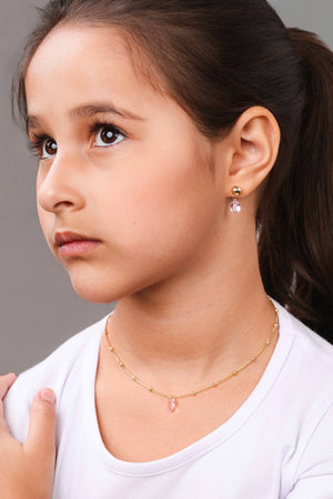 Brinco Infantil Bolinha Safira Rosa Oval Banhado a Ouro 18K