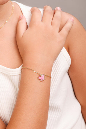Pulseira Infantil Boboleta Rosa Banhado a Ouro 18K