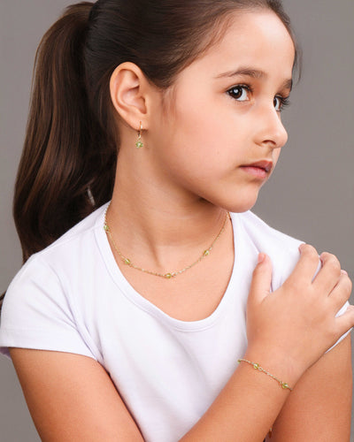 Colar Infantil Elos Cristais Verde Claro 4 mm Banhado a Ouro 18K - 35 cm