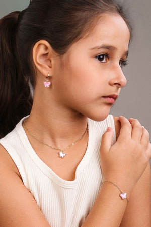 Gargantilha Infantil Elos Borboleta Rosa Banhado a Ouro 18K - 30 cm