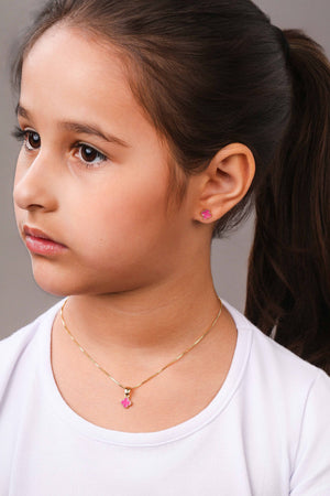 Gargantilha Infantil Trevo Rosa 7 mm Banhado a Ouro 18K - 35 cm