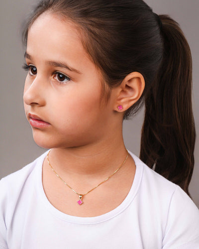 Colar Infantil Trevo Rosa Banhado a Ouro 18K - 35 cm
