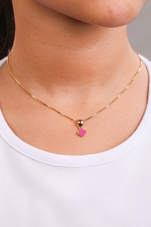 Gargantilha Infantil Trevo Rosa 7 mm Banhado a Ouro 18K - 35 cm