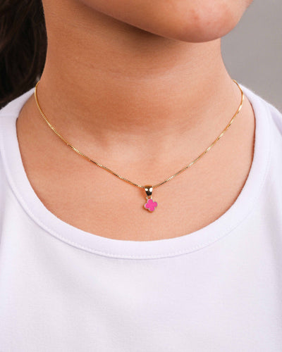 Colar Infantil Trevo Rosa Banhado a Ouro 18K - 35 cm