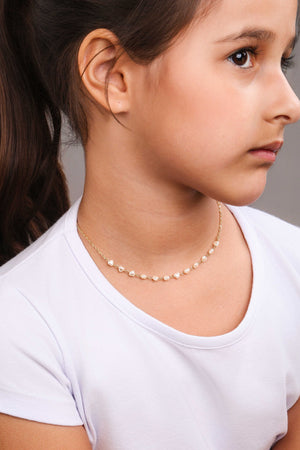 Gargantilha Infantil Corações Pérolas Banhado a Ouro 18K - 35 cm