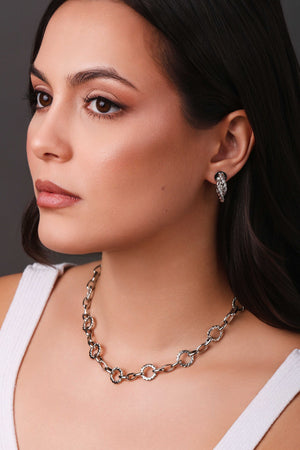 Gargantilha Elos Redondos Detalhados 1.3 cm Ródio Branco - 40 cm