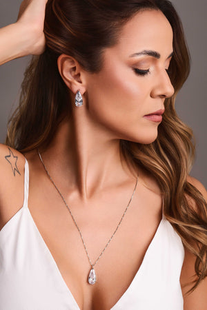 Gargantilha Longa Gota Cristal 2.6 cm Ródio Branco - 60 cm