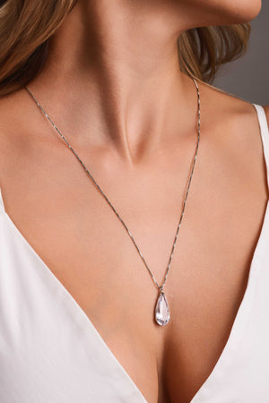 Gargantilha Longa Gota Cristal 2.6 cm Ródio Branco - 60 cm