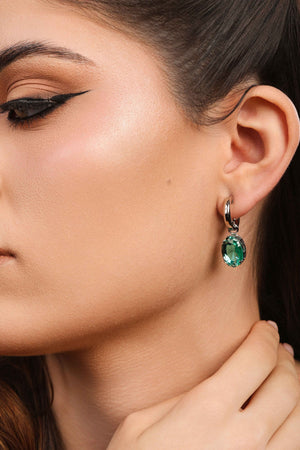 Brinco Argola Lisa Ponto de Luz Oval Turmalina 3.1 cm Ródio Branco