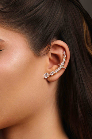 Ear Cuff Pontos de Luz Ovais Cravejado Cristal Banhado a Ouro 18K