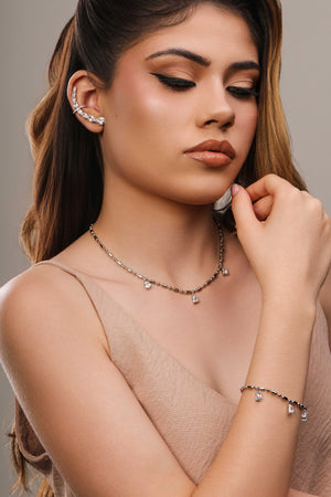 Ear Cuff Pontos de Luz Ovais Cravejado Cristal Ródio Branco