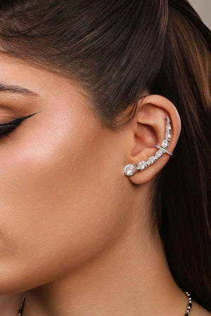 Ear Cuff Pontos de Luz Ovais Cravejado Cristal Ródio Branco