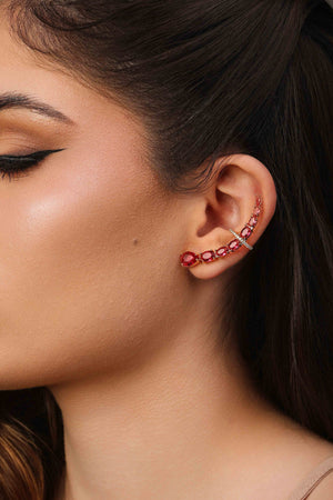 Ear Cuff Pontos de Luz Ovais Rubi Cravejado Cristal Banhado a Ouro 18K