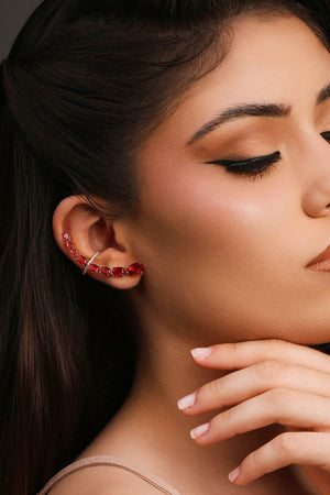 Ear Cuff Pontos de Luz Ovais Rubi Cravejado Cristal Ródio Branco