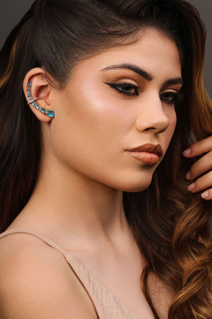 Ear Cuff Pontos de Luz Ovais Topázio Sky Cravejado Cristal Ródio Branco