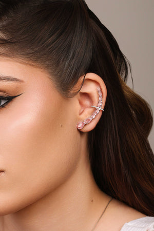 Ear Cuff Pontos de Luz Ovais Safira Rosa Cravejado Cristal Ródio Branco