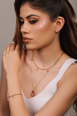 Pulseira Gomos Gotas Safira Rosa Banhado a Ouro 18K