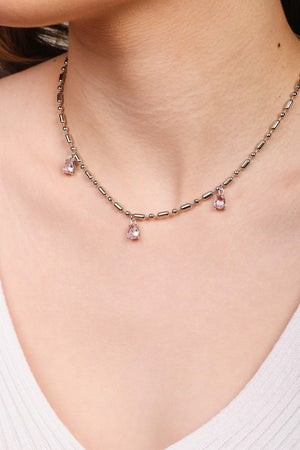 Gargantilha Gomos Gotas Safira Rosa Ródio Branco - 40 cm