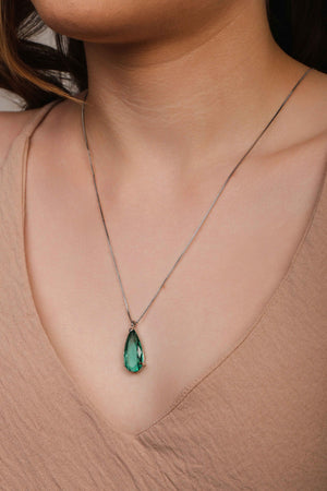 Gargantilha Longa Gota Turmalina 2.6 cm Ródio Branco - 60 cm