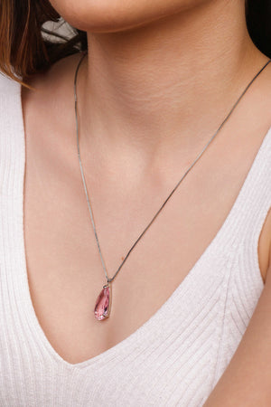 Gargantilha Longa Gota Safira Rosa 2.6 cm Ródio Branco - 60 cm